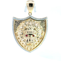 Pendant Red-Eyed Roaring Lion Head on CZ-Edged Shield 67 10K