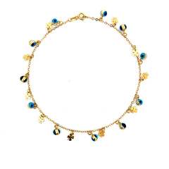 Anklet Boston with Blue Bezel-Set Evil Eye Station 2mm 10" 14K