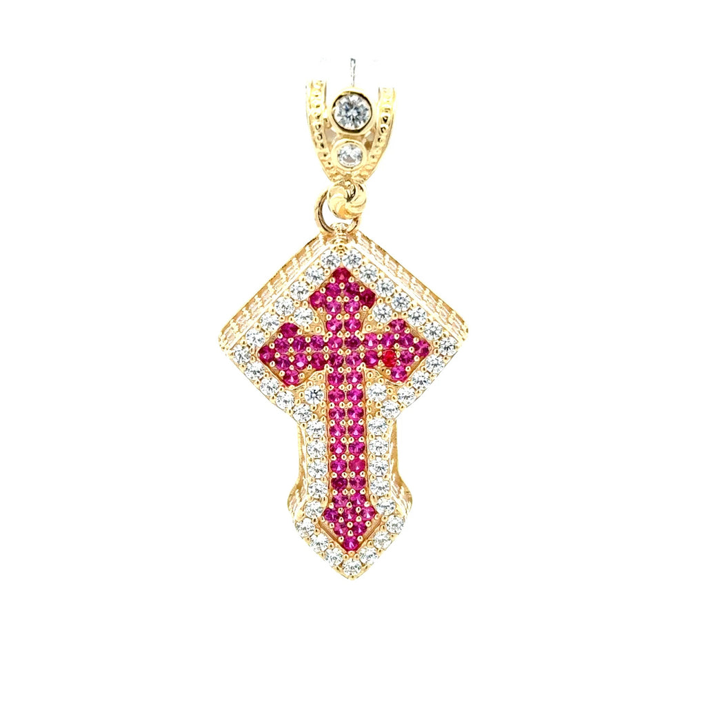 Pendant CZ-Iced Shield Angular Pink Cross 41.5 10K