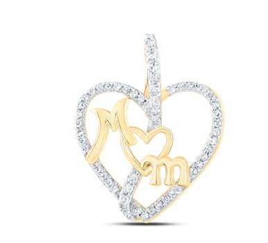 10k Yellow Gold Round Diamond Mom Heart Nicoles Dream Collection Pendant 1/8 Cttw