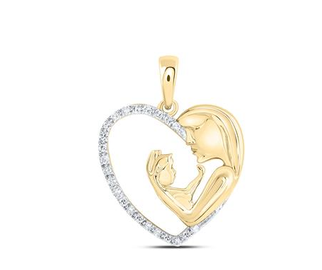 10k Yellow Gold Round Diamond Mom Child Heart Nicoles Dream Collection Pendant 1/10 Cttw