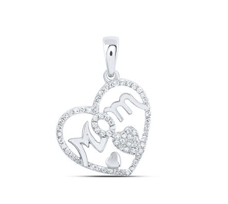 10kt White Gold Womens Round Diamond Mom Heart Pendant 1/3 Cttw