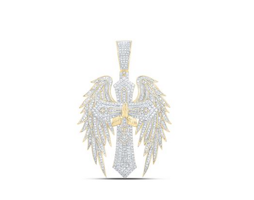 10kt Yellow Gold Mens Round Diamond 1 3/4CTW-NAT DIA NK CROSS WINGS MENS CHARM