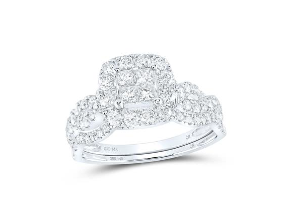 14k White Gold Princess Diamond Square Bridal Wedding Ring Set 1 Cttw