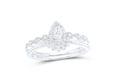 10k White Gold Pear Diamond Halo Bridal Wedding Ring Set 3/8 Cttw (Certified)