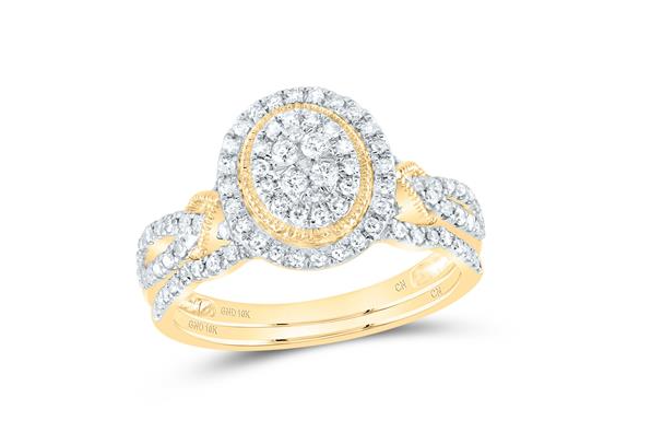 10kt Yellow Gold Round Diamond 1/2CTW-NAT DIA CN OVAL DOUBLE HALO BRIDAL SET