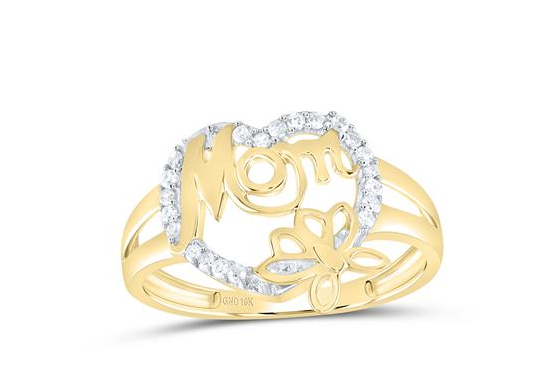 10kt Yellow Gold Womens Round Diamond Mom Mother Heart Butterfly Ring 1/6 Cttw