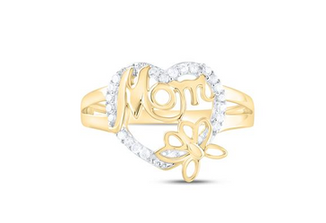 10kt Yellow Gold Womens Round Diamond Mom Mother Heart Butterfly Ring 1/6 Cttw