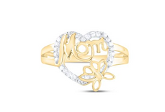 10kt Yellow Gold Womens Round Diamond Mom Mother Heart Butterfly Ring 1/6 Cttw
