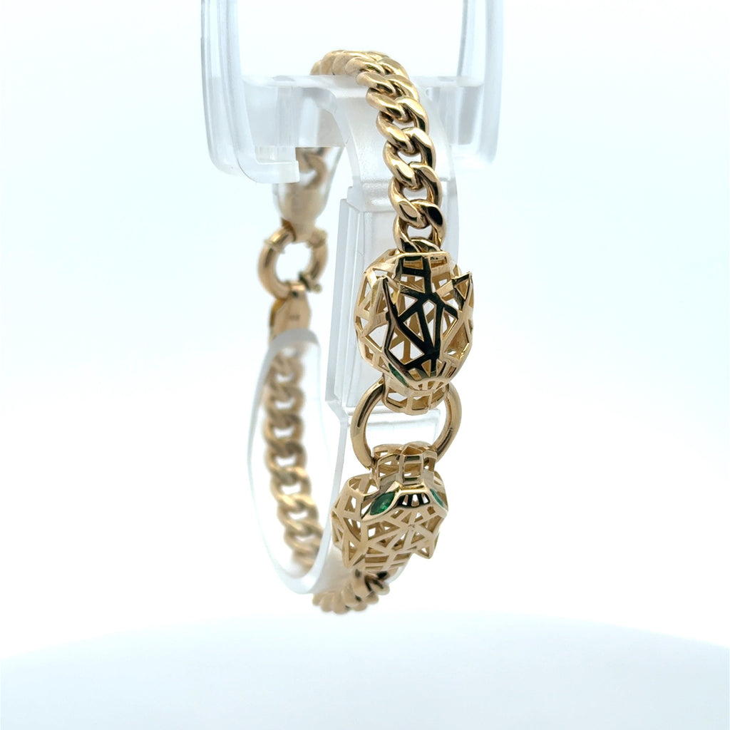 Bracelet Hollow Cuban with Panther Heads on Ring 14.5mm 7" 10K