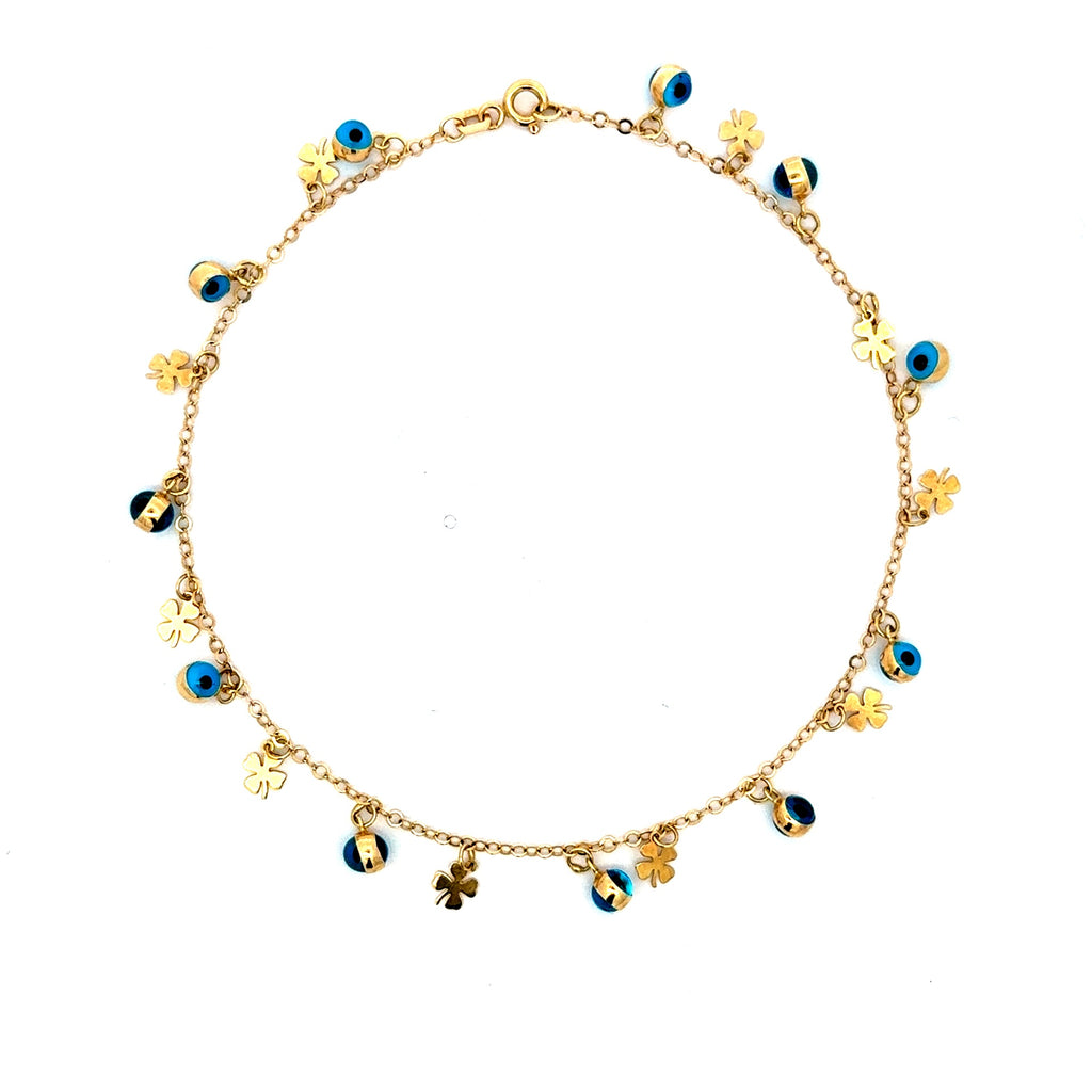 Anklet Boston with Blue Bezel-Set Evil Eye Station 2mm 10" 14K