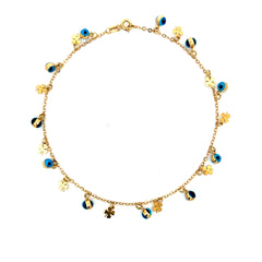 Anklet Boston with Blue Bezel-Set Evil Eye Station 2mm 10" 14K
