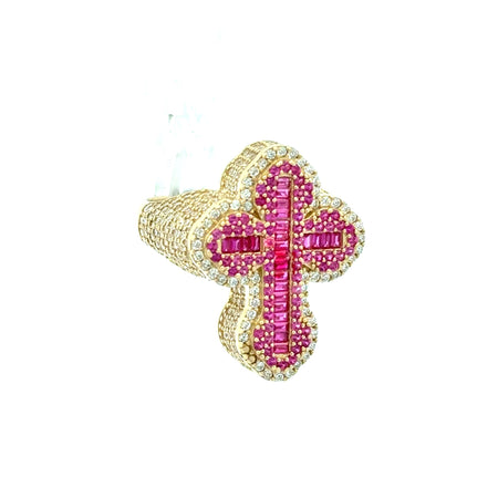 Ring CZ-Iced with Pink Baguette Stones in Trefoil Cross 9 3.5mm 10K