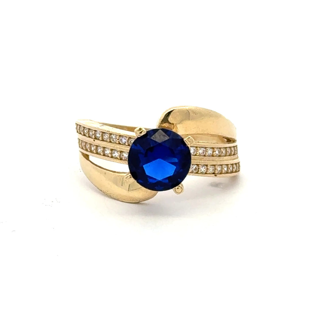 Ring Crossover Pavé Band with Royal Blue Stone 7 2mm 10K