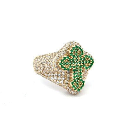 Ring CZ-Iced Trefoil Green Stepped Cross 9 4.5mm 10K