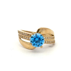 Ring Crossover Pavé Band with Sky Blue Stone 7 2mm 10K
