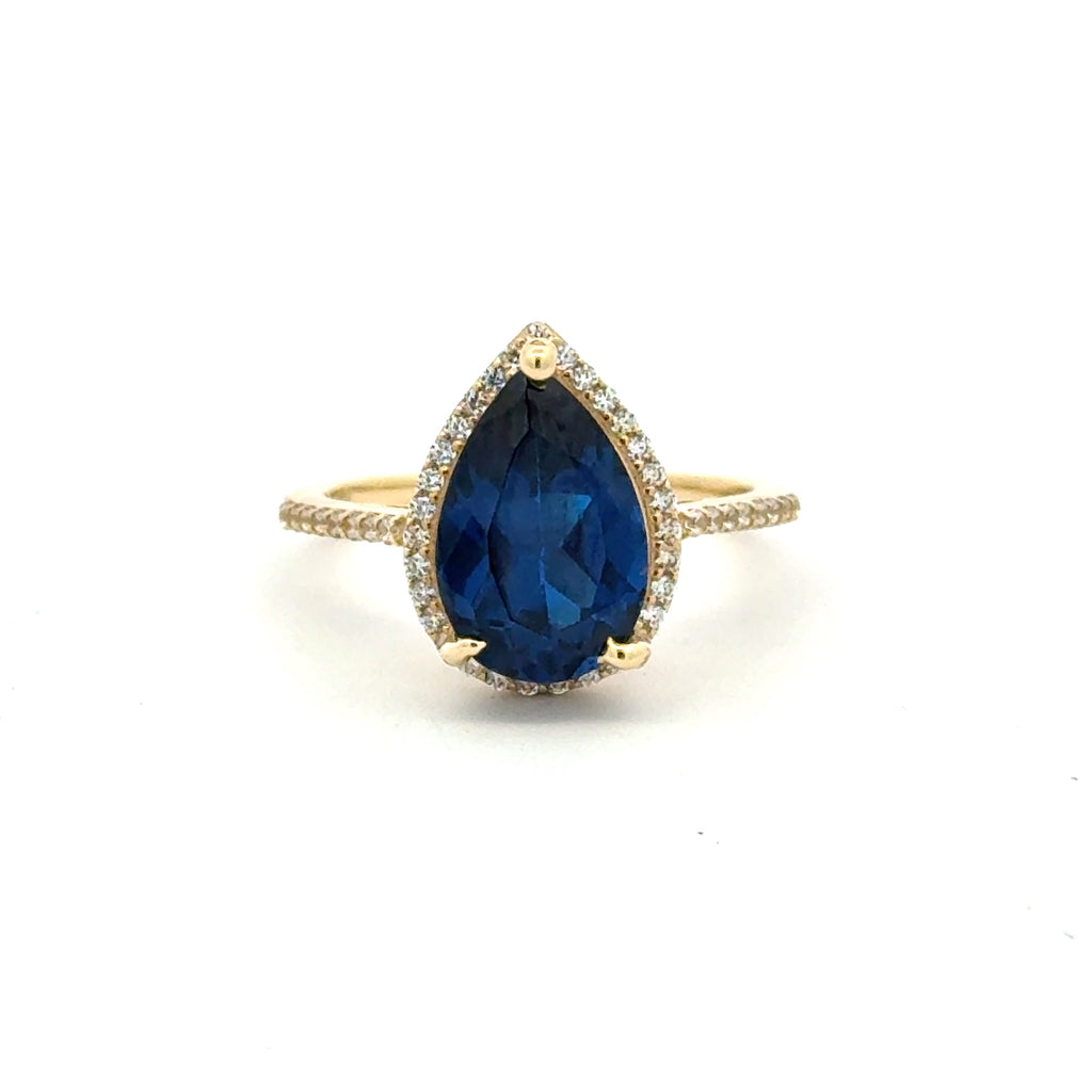 Ring Women Royal Blue Teardrop Stone and CZ 7 1.5mm 10K