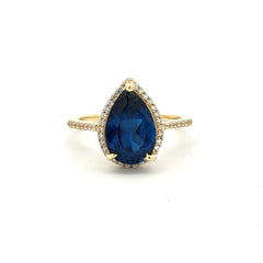 Ring Women Royal Blue Teardrop Stone and CZ 7 1.5mm 10K