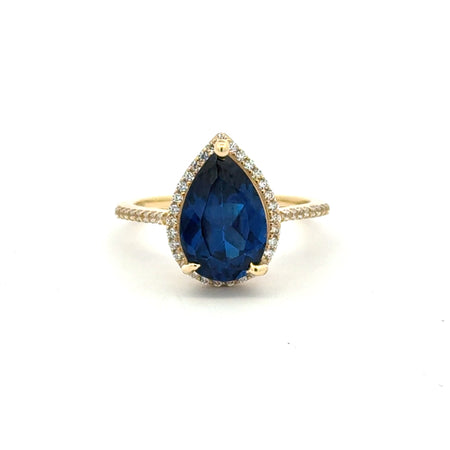 Ring Women Royal Blue Teardrop Stone and CZ 7 1.5mm 10K