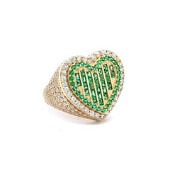 Ring CZ-Iced with Green Baguette Stones in Big Stepped Heart 7.5 3.5mm 10K
