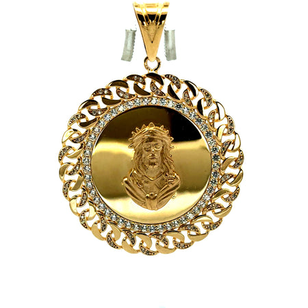 Pendant Two-Tone Openwork Medallion with CZ & Halo Jesus Face 57.5 14K
