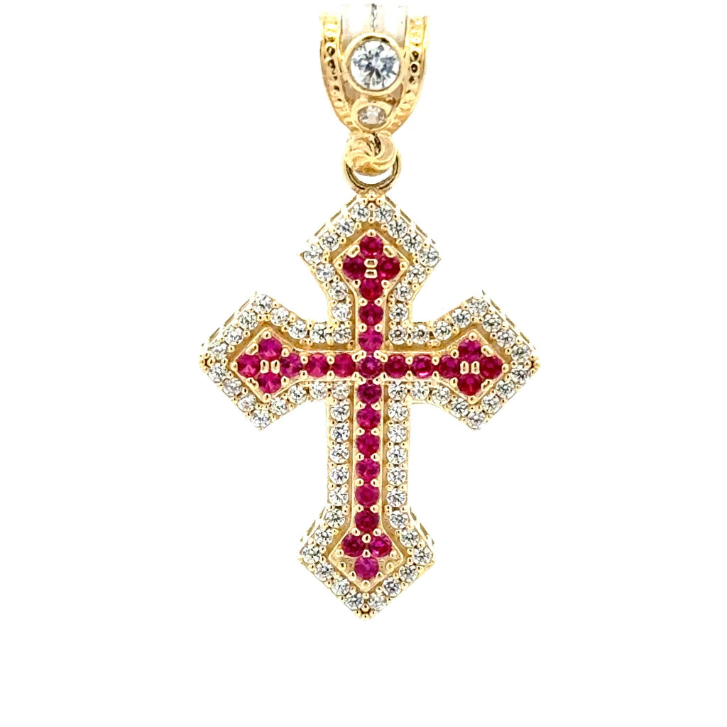 Pendant CZ-Iced with Pink Angular Cross 41.5 10K
