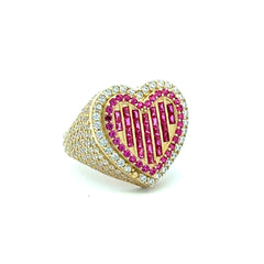 Ring CZ-Iced with Pink Baguette Stones in Big Stepped Heart 7 3.5mm 10K