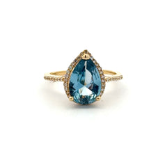 Ring Women Sky Blue Teardrop Stone and CZ 7 1.5mm 10K