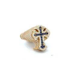 Ring CZ-Iced Embellished Blue Latin Cross 11 3mm 10K
