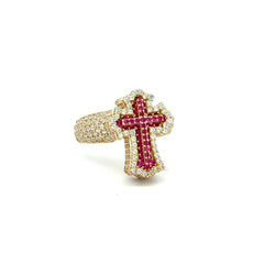 Ring CZ-Iced Embellished Pink Stepped Latin Cross 9 3.5mm 10K