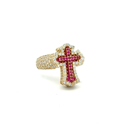 Ring CZ-Iced Embellished Pink Stepped Latin Cross 9 3.5mm 10K