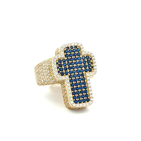 Ring CZ-Iced Big Blue Cross 9.5 4.5mm 10K