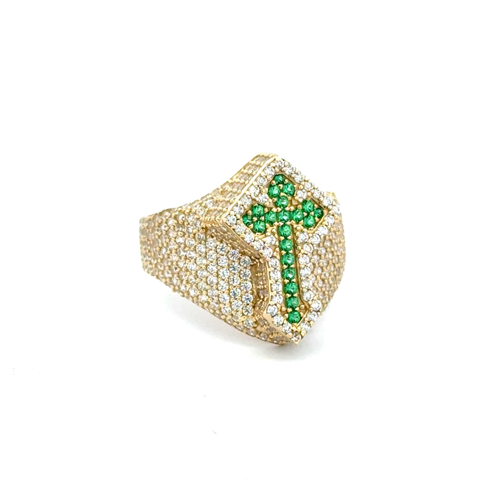 Ring CZ-Iced Shield Angular Green Cross 9 4mm 10K