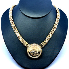 Bracelet Byzantine w Lock medallion & CZ 7.5mm 7" 14K