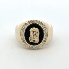 Ring Face of Jesus on Onyx & CZ 11 5mm 10K