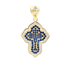 Pendant CZ-Iced Trefoil Blue Stepped Angular Cross 42 10K