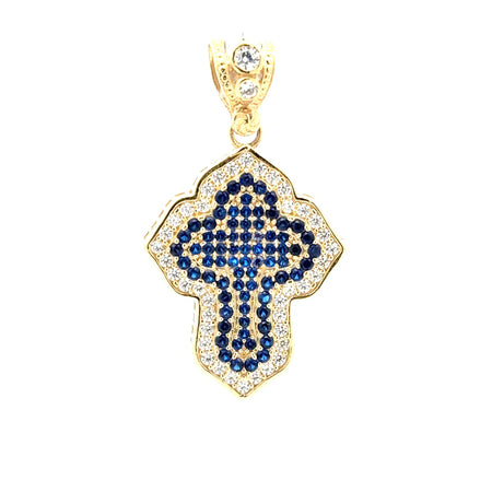 Pendant CZ-Iced Trefoil Blue Stepped Angular Cross 42 10K
