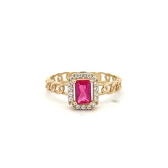 Ring Link Band Wine Rect Stone and CZ 7 2.5mm 10K