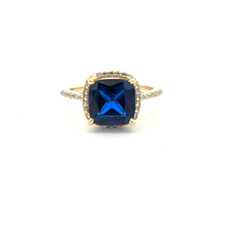 Ring Women Royal Blue Square Stone and CZ 7 1mm 10K