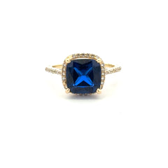 Ring Women Royal Blue Square Stone and CZ 6.5 1mm 10K