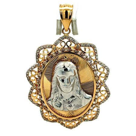 Pendant Two-Tone Openwork Medallion with CZ & Jesus Face 60.5 14K