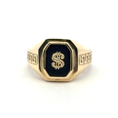 Ring Greek Key and Dollar Sign on Onyx 10.5 4mm 10K