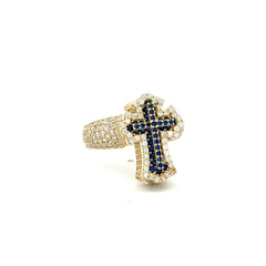 Ring CZ-Iced Embellished Blue Stepped Latin Cross 11 3.5mm 10K