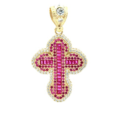 Pendant CZ-Iced with Pink Baguette Stones in Trefoil Cross 48.5 10K