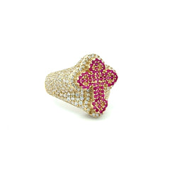 Ring CZ-Iced Trefoil Pink Stepped Cross 11 5mm 10K