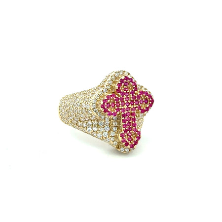Ring CZ-Iced Trefoil Pink Stepped Cross 9 5mm 10K