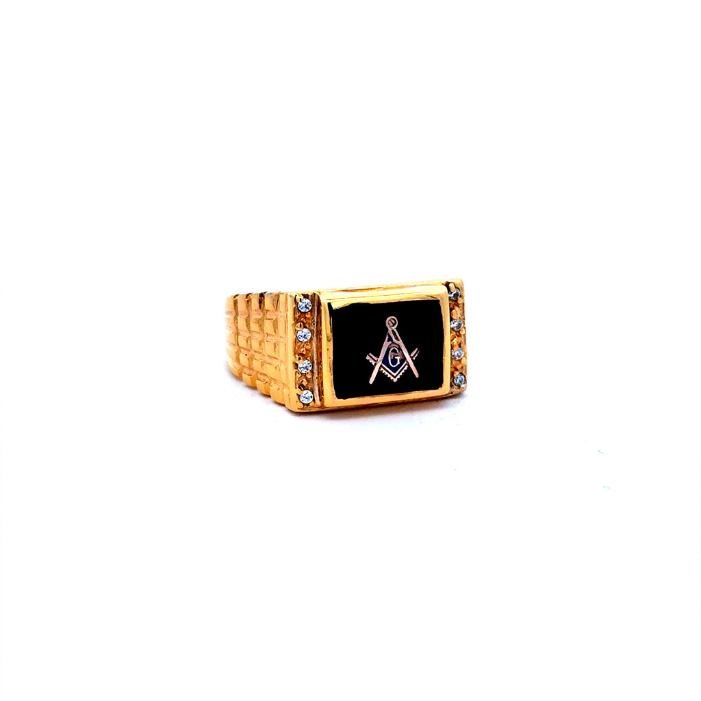 Ring Masonic Square & Compass on Onyx w CZ 10 3mm 10K