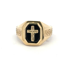 Ring Greek Key and Latin Cross on Onyx 10.5 4mm 10K
