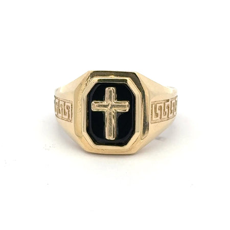 Ring Greek Key and Latin Cross on Onyx 10.5 4mm 10K