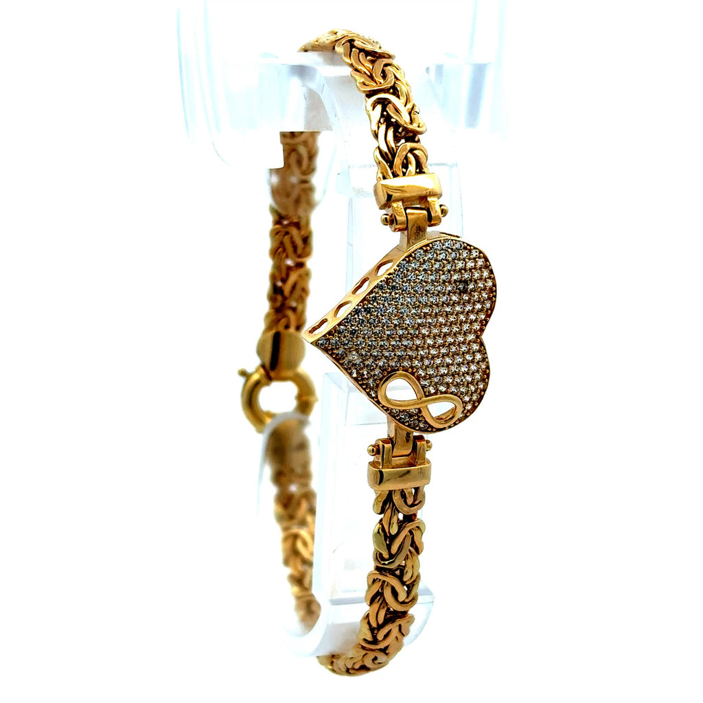 Bracelet Byzantine with Heart Shaped Detail & CZ 6mm 7.5" 14K